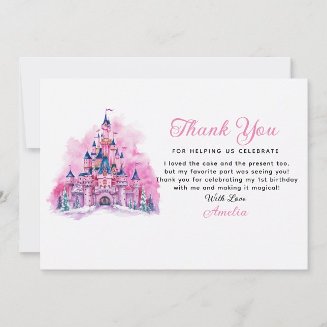 Pink Castle Watercolor 1st Birthday Thank You Card (Front)