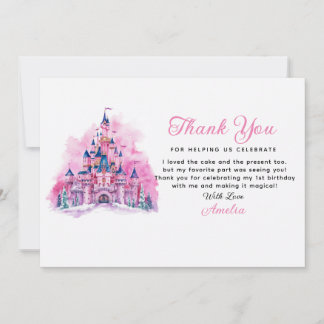 Pink Castle Watercolor 1st Birthday Thank You Card