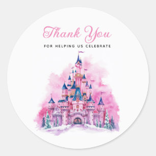 Pink Castle Watercolor 1st Birthday Thank You  Classic Round Sticker
