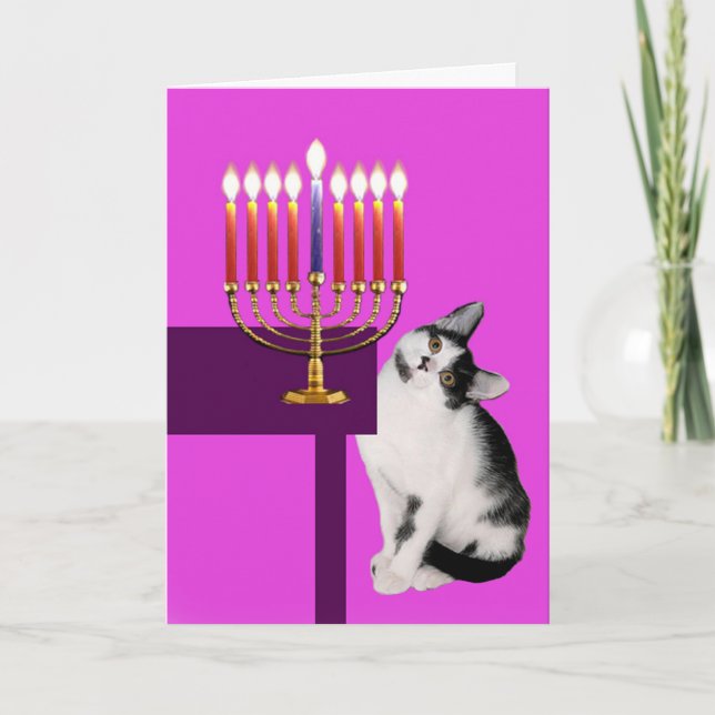 Pink Cat and Menorah Hanukkah Card (Front)