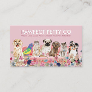 Pink Cat Bird Dog Watercolor Flowers Business Card