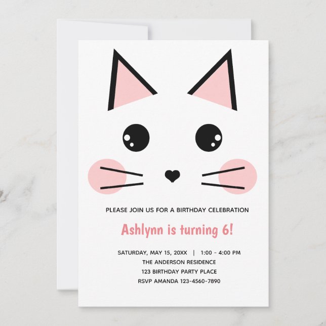 Pink Cat Birthday Invitation (Front)