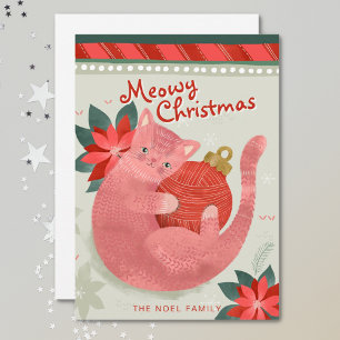 Pink Cat Christmas Illustration Flat Holiday Card