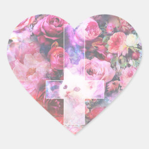 Pink Cat & Inverted Cross Heart-Shaped Sticker