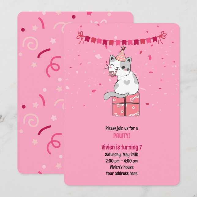 Pink Cat Kids Birthday Party Invitation (Front/Back)