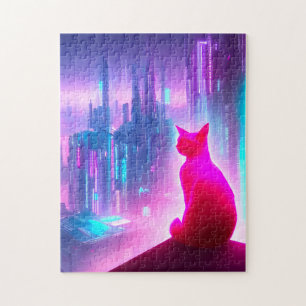Pink Cat Looking Out Over City Jigsaw Puzzle