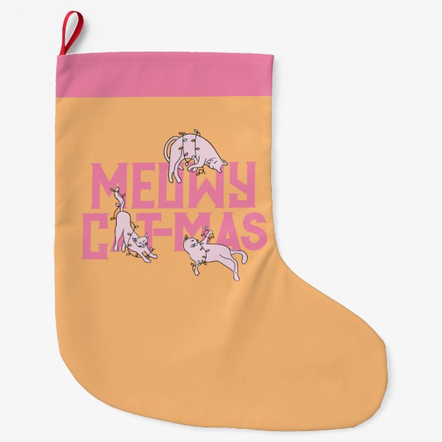 Pink Cat Meowy Christmas Lights Stocking (Front)