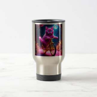 Pink Cat On A Golden Bicycle Scenic Path Travel Mug
