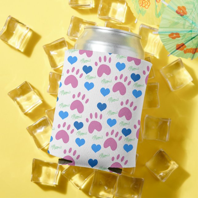 Pink Cat Paw Blue Hearts Meow Pattern Can Cooler (In Situ Summer)