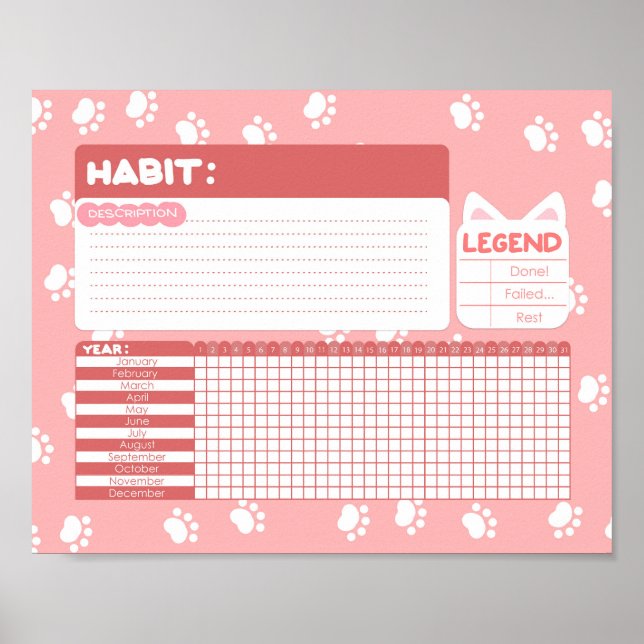Pink Cat Paw Print Habit Tracker Poster (Front)