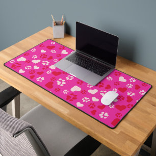 Pink Cat Paw Print & Heart Pattern Desk Mat