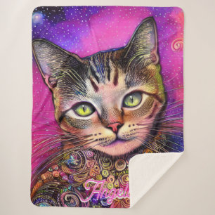 Pink Cat Personalised Name Sherpa Blanket