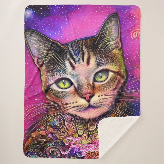 Pink Cat Personalised Name Sherpa Blanket (Front)
