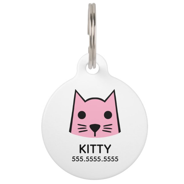 Pink Cat, Personalized Pet Details & QR Code Tag (Front)