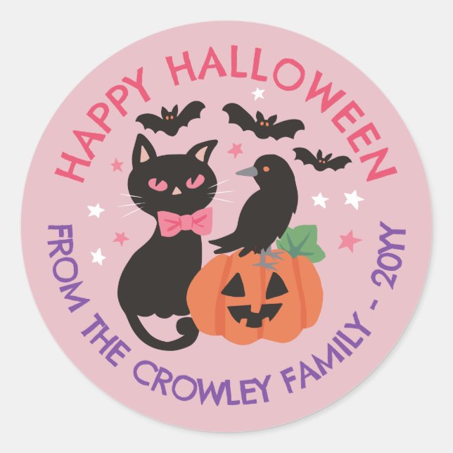 Pink Cat Pumpkin Raven Happy Halloween Classic Round Sticker (Front)