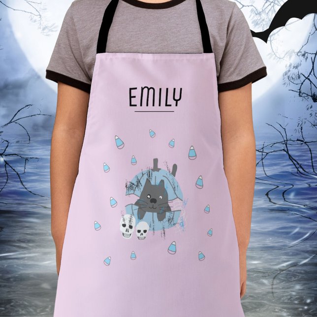 Pink Cat Pumpkin Skulls Candy Corn Kids Halloween Apron (Creator Uploaded)