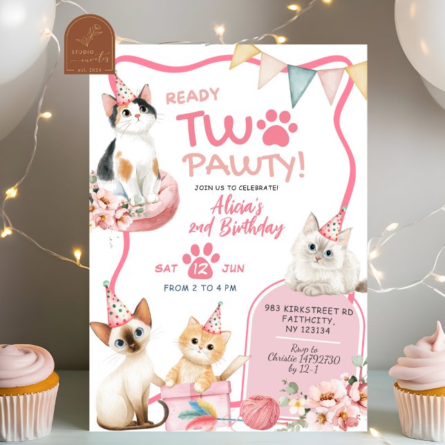 Pink Cat Ready Two Pawty 2nd Birthday Invitation (Creator Uploaded)