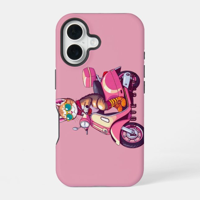 Pink cat rider iPhone 16 case (Back)