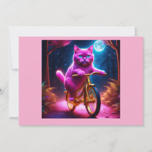 Pink Cat Riding On Golden Bicycle Invitation