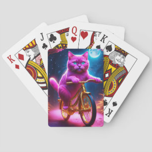 Pink Cat Riding On Golden Bicycle Playing Cards
