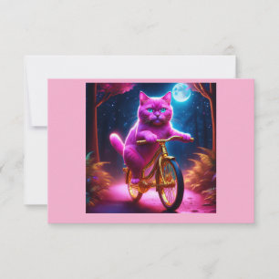 Pink Cat Riding On Golden Bicycle Thank You Card