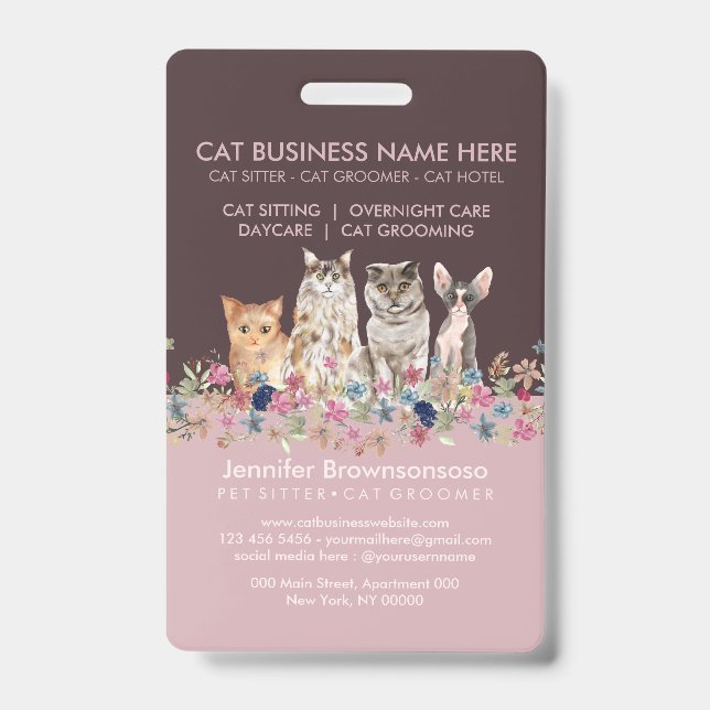 Pink Cat Sitting Grooming ID Badge (Front)
