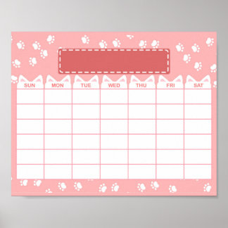 Pink Cat Theme Blank Monthly Calendar Poster