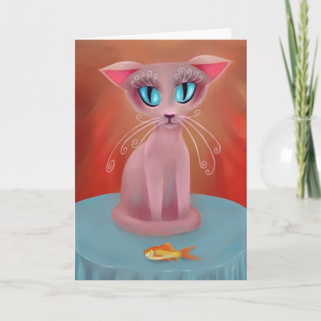 Pink Cat with a Goldfish on a Blue Table Card (Front)