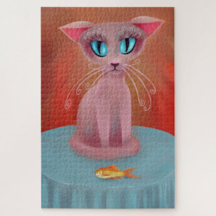Pink Cat with a Goldfish on a Blue Table Jigsaw Puzzle