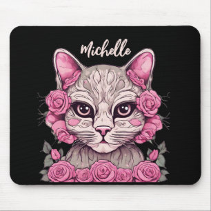 Pink Cat with Roses Floral Mouse Pad Custom
