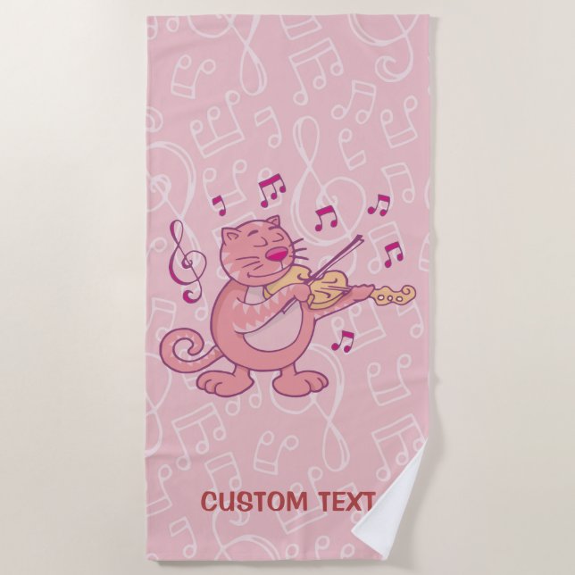 Pink Cat with Violin Beach Towel (Front)