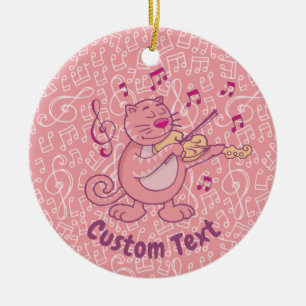 Pink Cat with Violin Ceramic Ornament