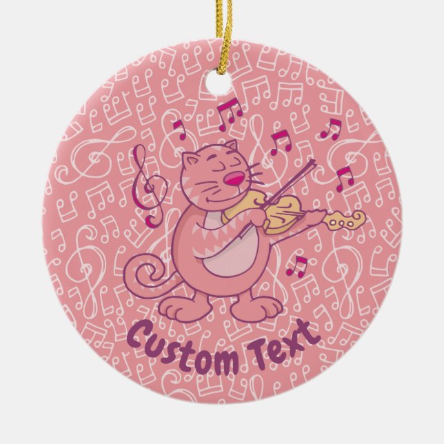 Pink Cat with Violin Ceramic Ornament (Front)