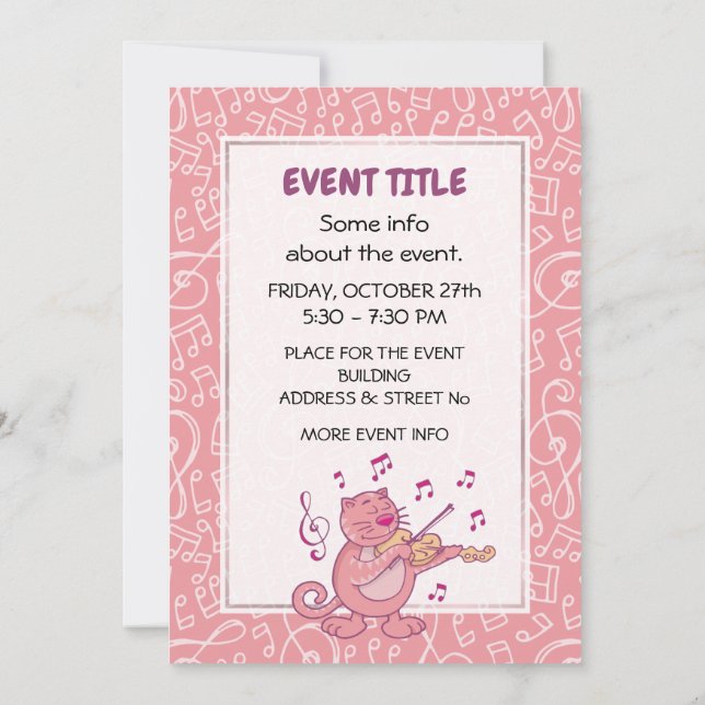 Pink Cat with Violin Invitation (Back)