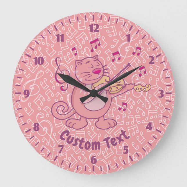 Pink Cat with Violin Large Clock (Front)