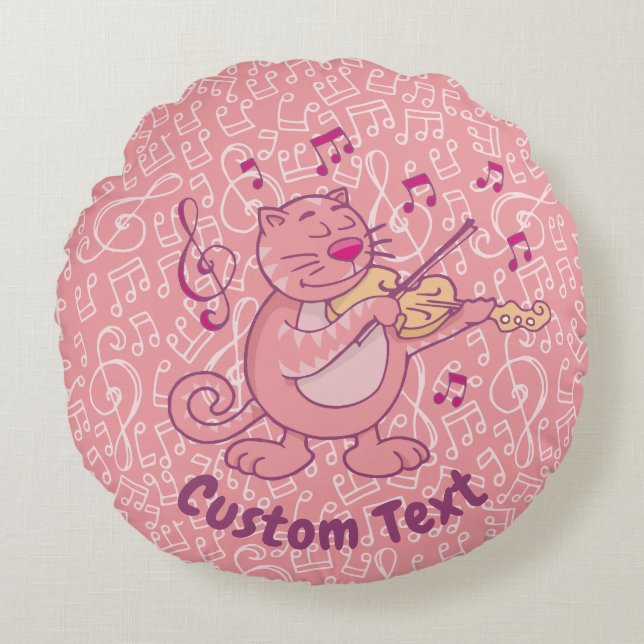 Pink Cat with Violin Round Pillow (Front)