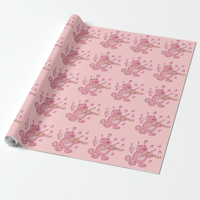 Pink Cat with Violin Wrapping Paper (Unrolled)