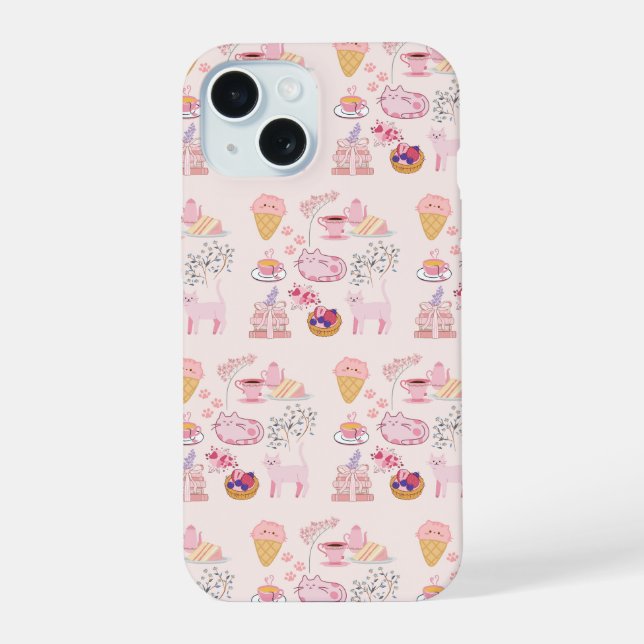 Pink Cats Cosiness iPhone 15 Case (Back)