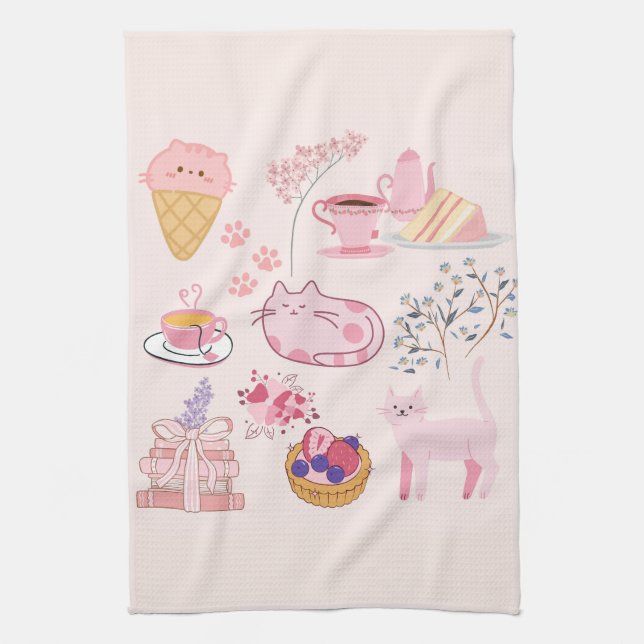 Pink Cats Cosiness Tea Towel (Vertical)