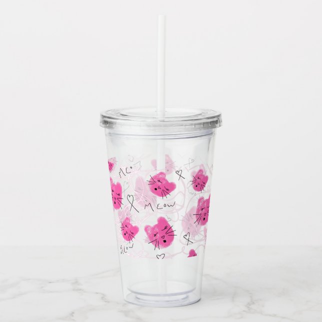 Pink Cats Doodle Meow Monogram Me Acrylic Tumbler (Front)