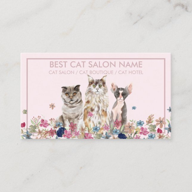 Pink Cats Flower Frame Pet Business Card (Front)