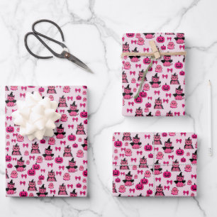 Pink Cats seamless Pattern Halloween Wrapping Paper Sheet