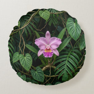 Pink Cattleya Orchid in Tropical Jungle Leaves Pat Round Cushion