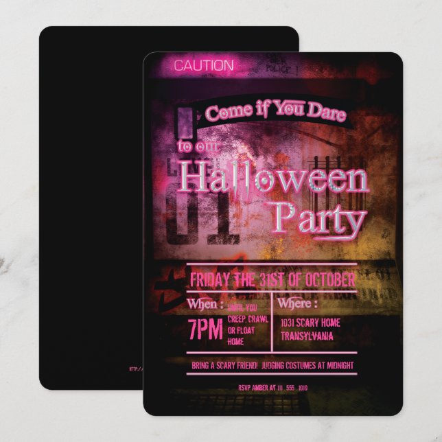 Pink Caution Level 01 Halloween Party Invitation (Front/Back)