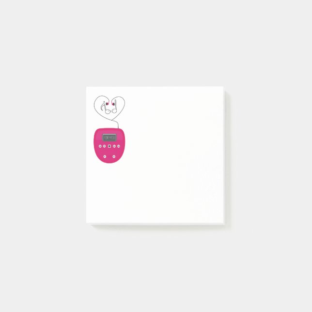 Pink CD Player with Earphones Kissing Post-it Notes (Front)