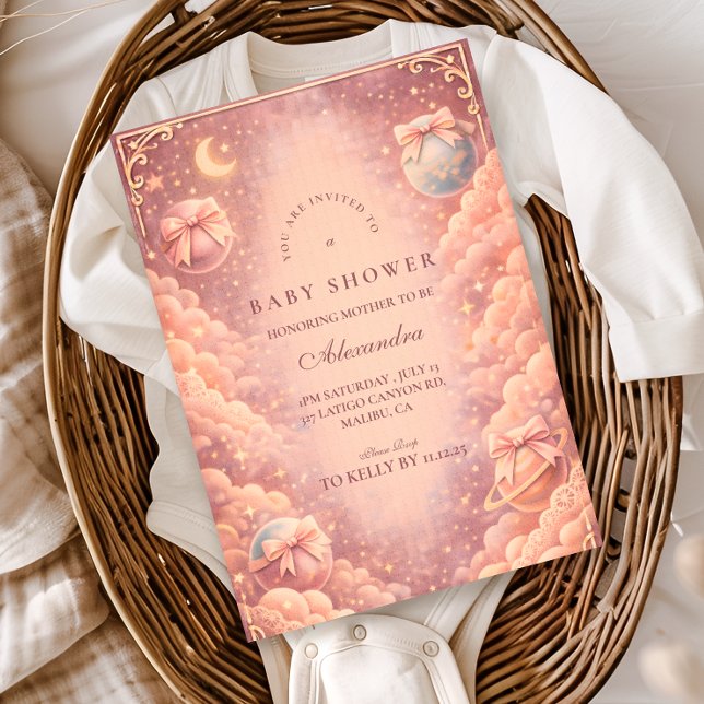 Pink Celestial Bows Clouds Baby Shower Invitation (Creator Uploaded)