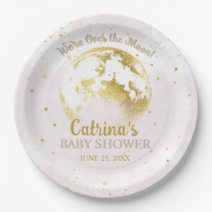Pink Celestial Over the Moon and Stars Baby Shower Paper Plate