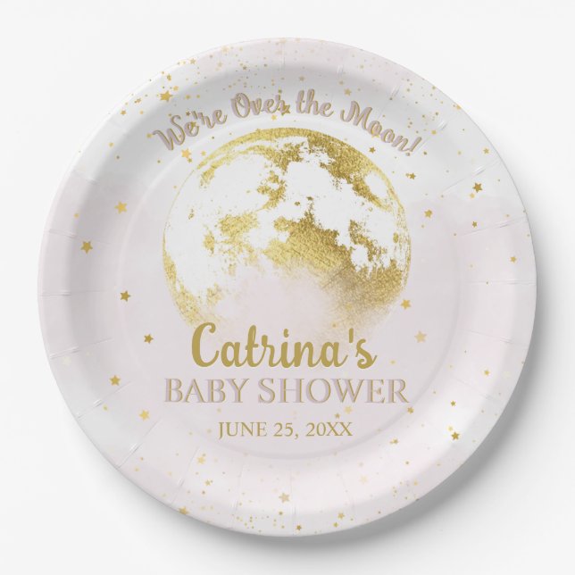 Pink Celestial Over the Moon and Stars Baby Shower Paper Plate (Front)