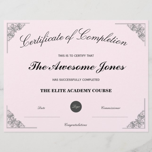 Pink Certificate of Completion with Custom Logo (Front)