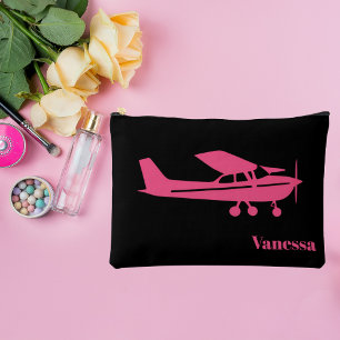 Pink Cessna Airplane Girly Aviation Custom Name Accessory Pouch